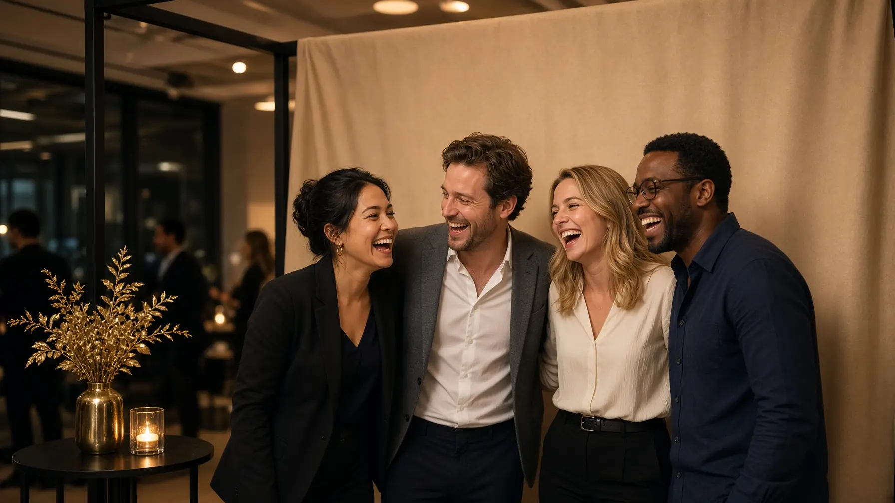 Guests laughing at a 256Snap booth during an office party