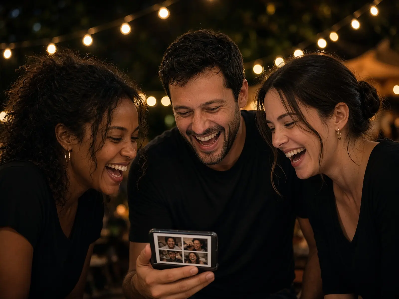 Coworkers looking at event photos on a phone
