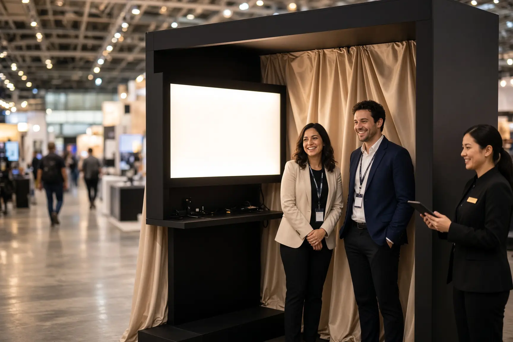 A staffed booth with a backlit panel on a trade show floor