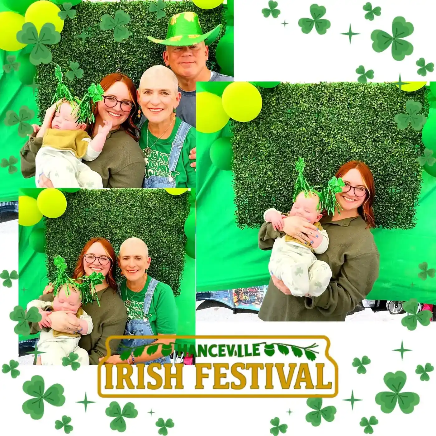 Six guests in green glasses and shamrock hats
